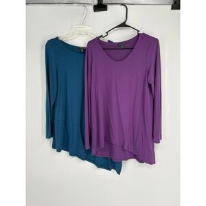 Eileen Fisher Tunic Women L Teal Purple Asymmetrical Hem Long Sleeve Viscose Lot